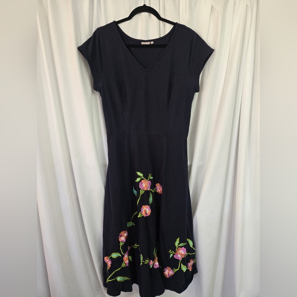 eShakti Navy with Pink Floral Embroidery Fit/Flare Dress